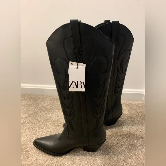 NEW Zara Sold Out Knee High Embroidered Leather Cowboy Boots (Size 8) - Picture 3 of 7